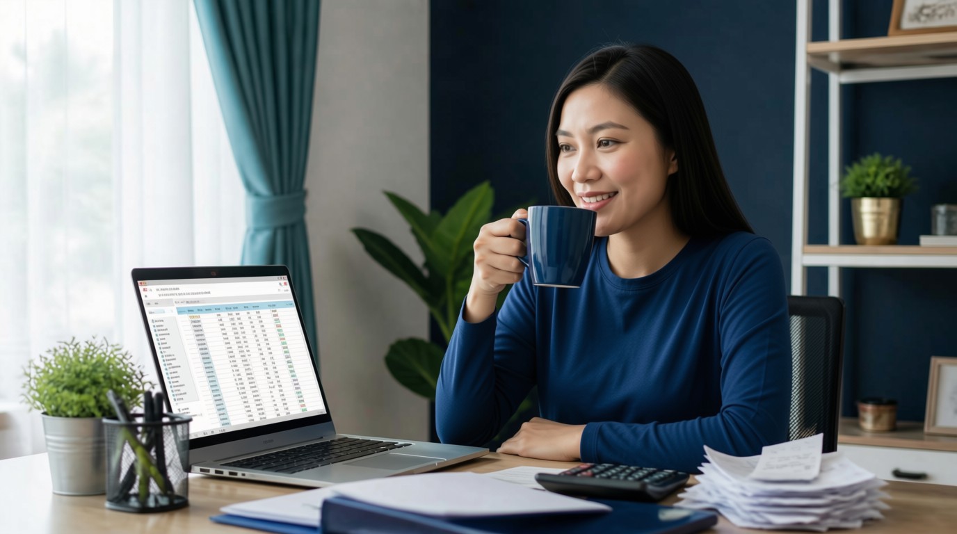 An accountant smiling over a coffee at her desk while her books update on the laptop, with a stack of paper receipts set aside