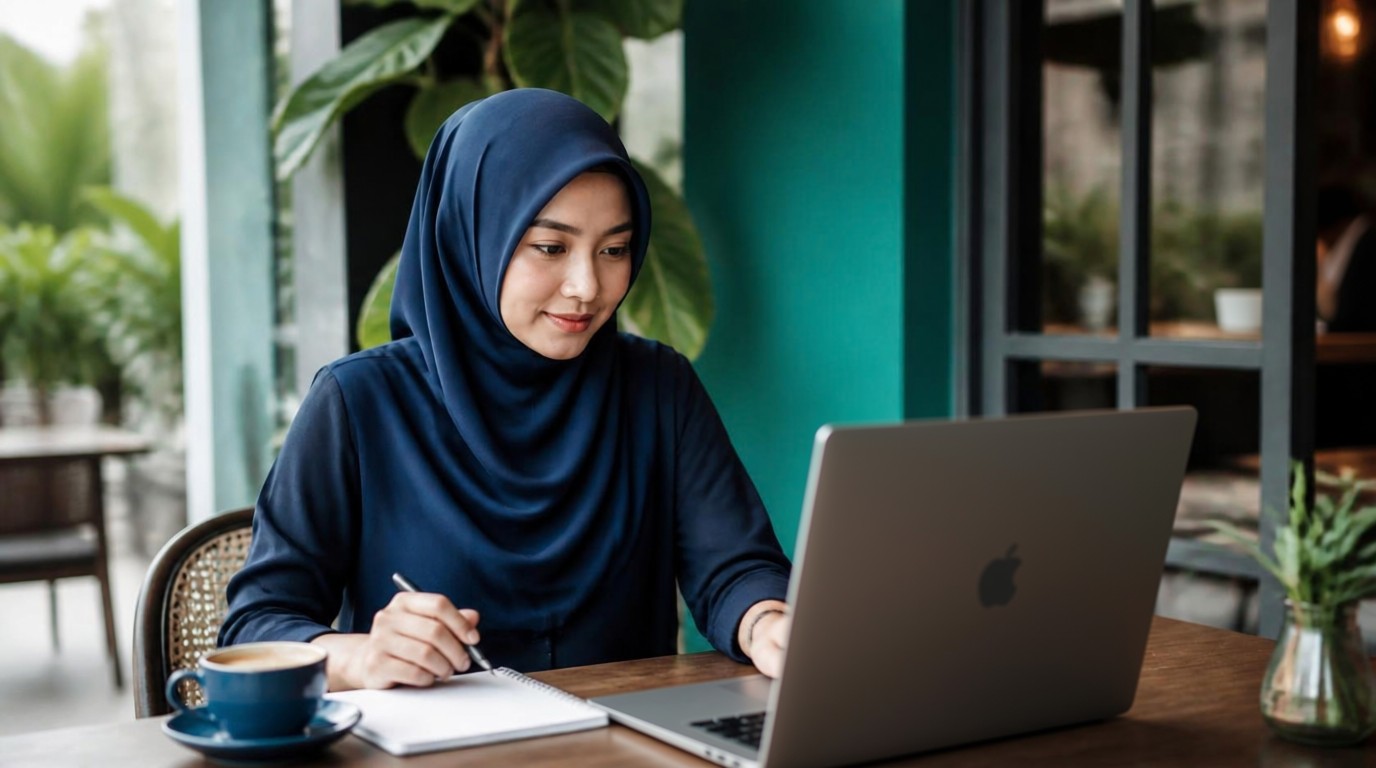 An accountant working on her laptop at a café table, taking notes beside a cup of coffee