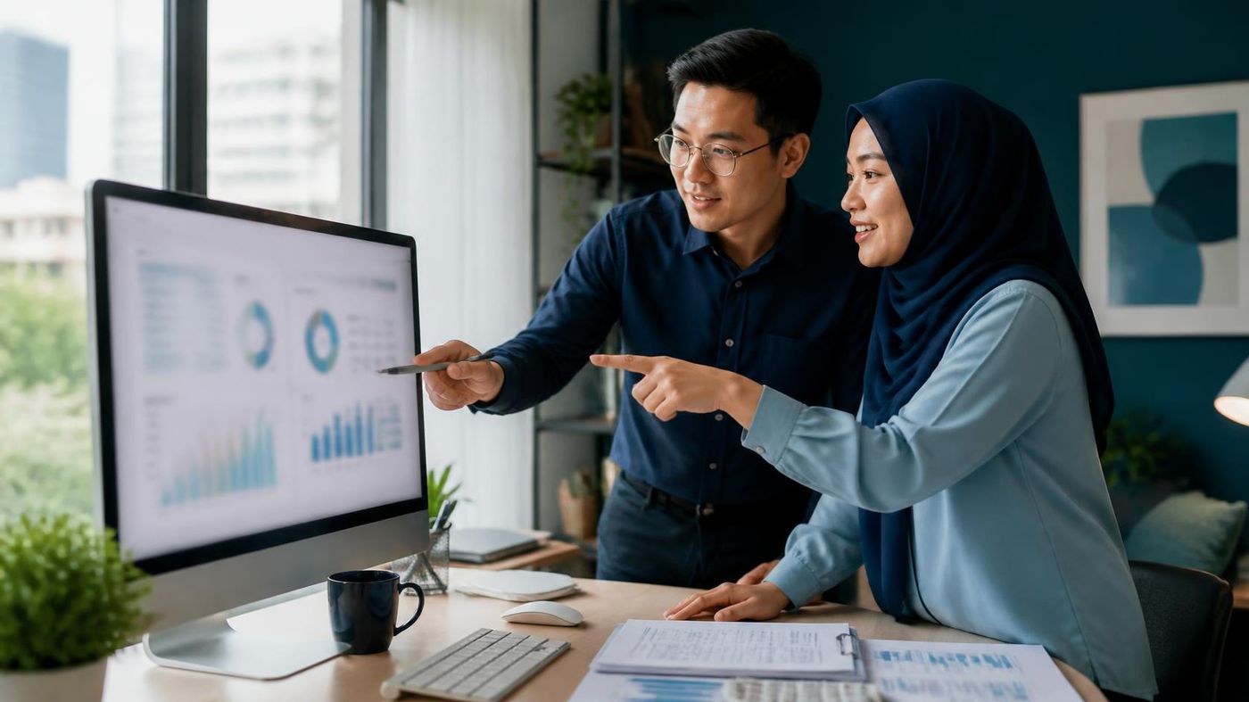 Two accountants pointing at financial charts and reports on a desktop monitor