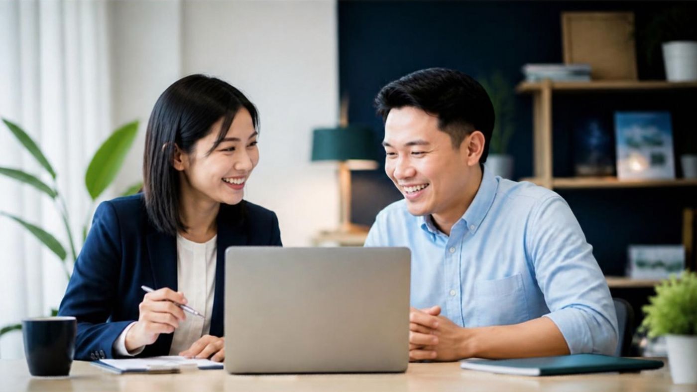 Two business owners smiling while reviewing their numbers on a laptop