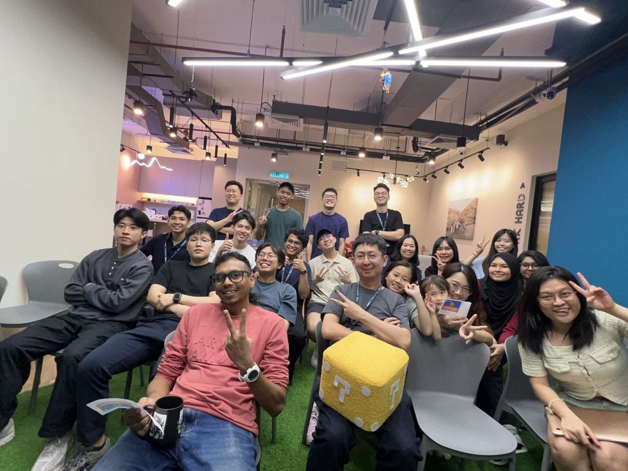 The whole team gathered in the office for a town hall
